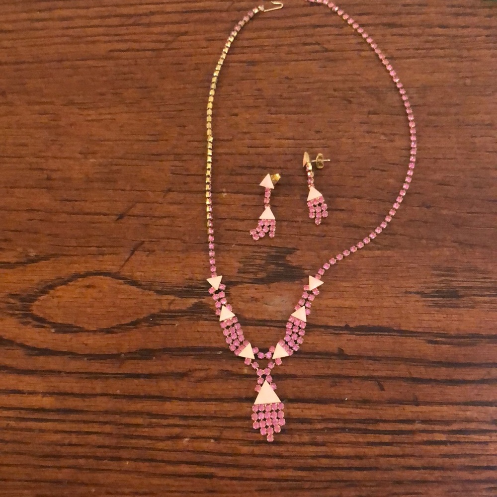 Antique pink rhinestone necklace and earring set